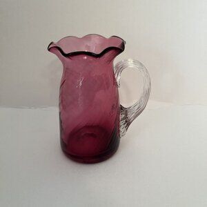 CRANBERRY SWIRL GLASS Approx 3.5” PITCHER WITH APPLIED CLEAR HANDLE Hand Blown